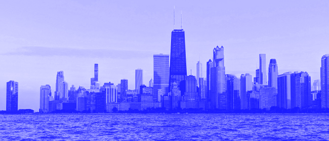 A blue-tinted photo of Chicago.