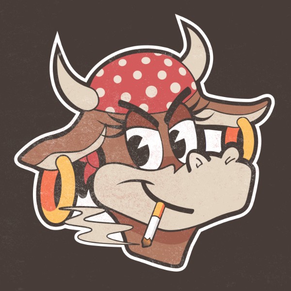 A logo of a cartoon cow smoking a cigarette.